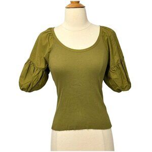 Nation LTD Sonora Seamed Combo Top Olive Green Puffed Sleeve Ribbed Knit Size XS